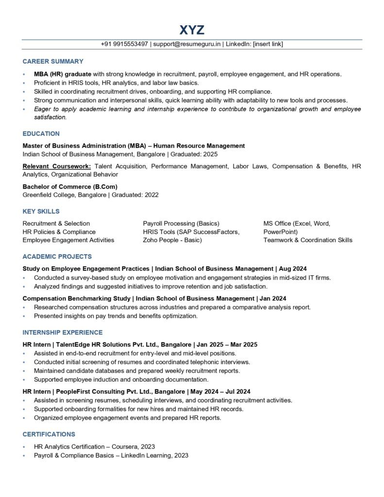 mba hr fresher resume samples
