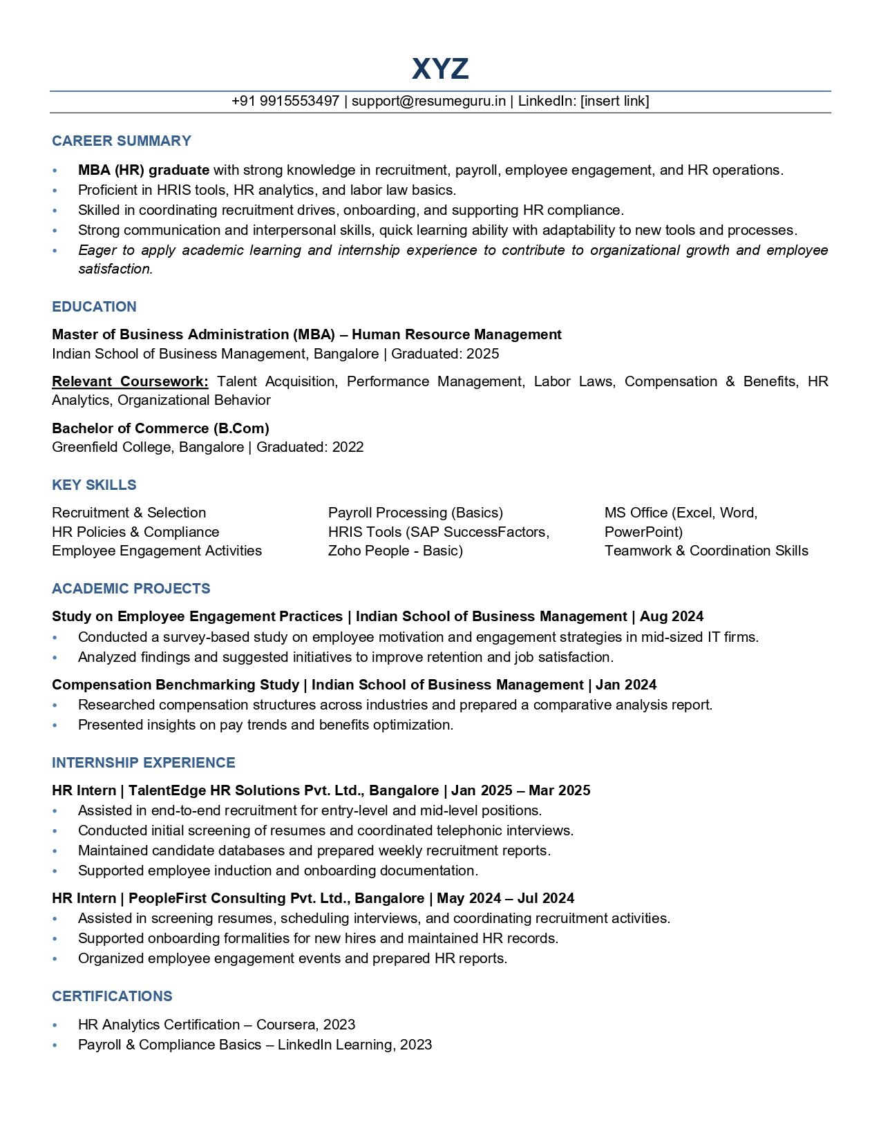 mba hr fresher resume samples