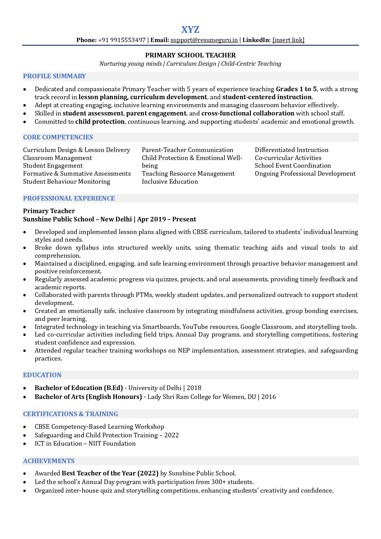 primary teacher resume sample