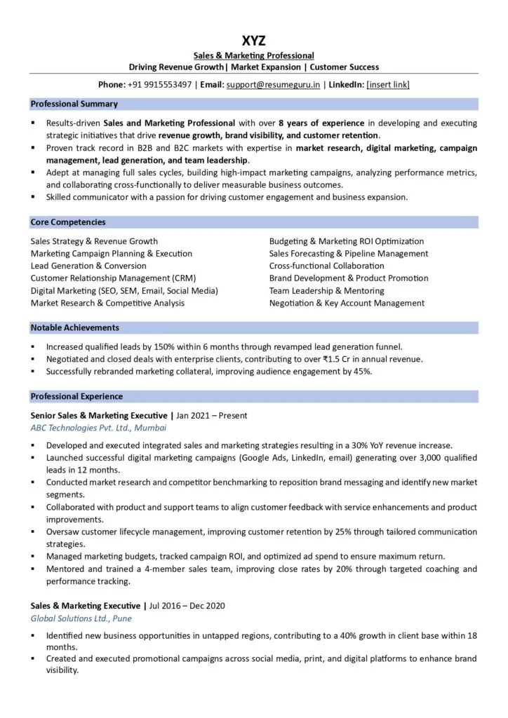 sales and marketing resume sample