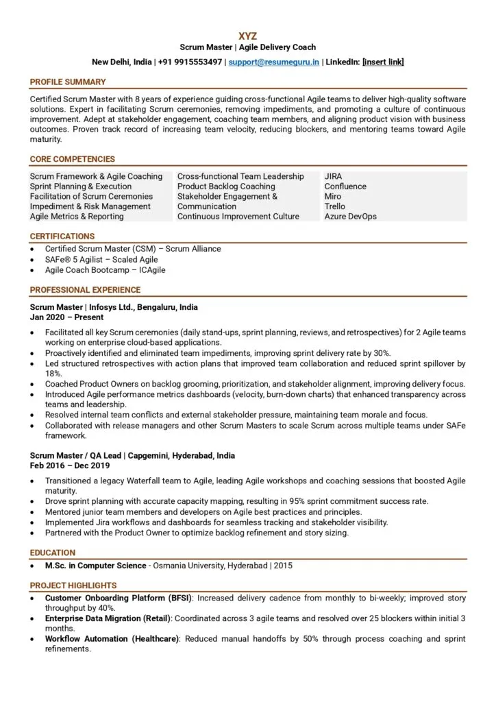 scrum master resume samples