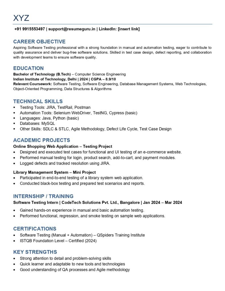 software tester resume sample for freshers