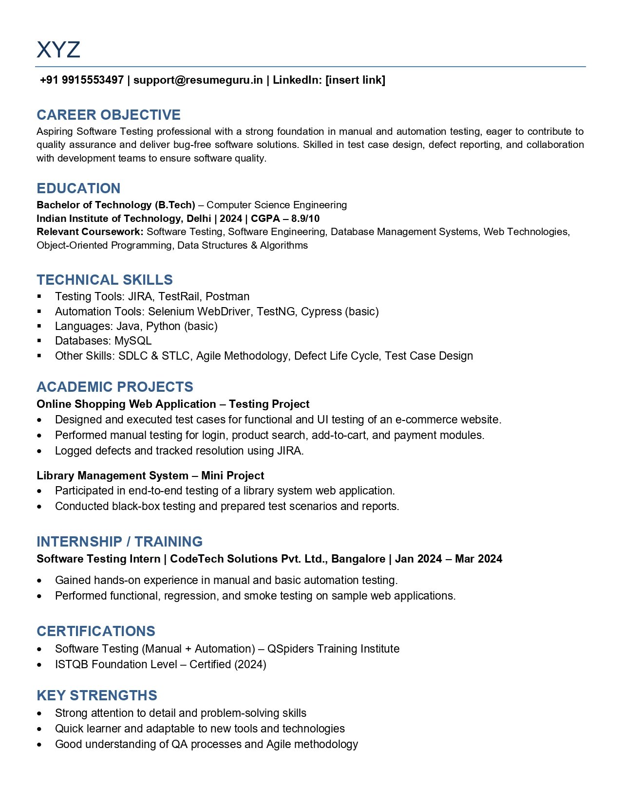 sample resume for testing freshers
