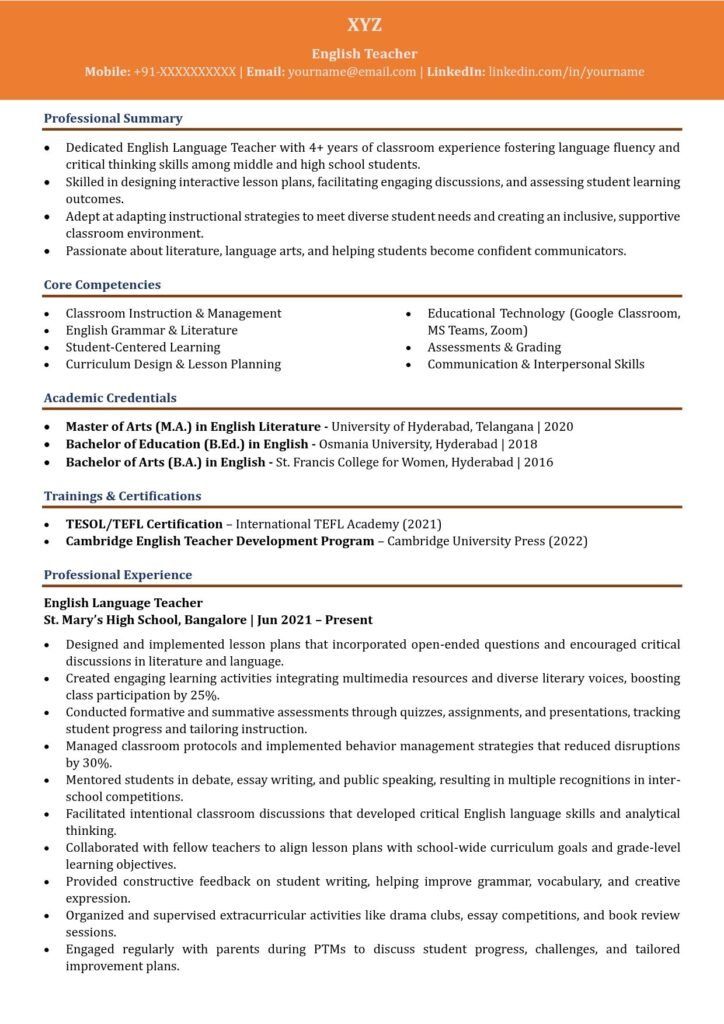 English Teacher Resume