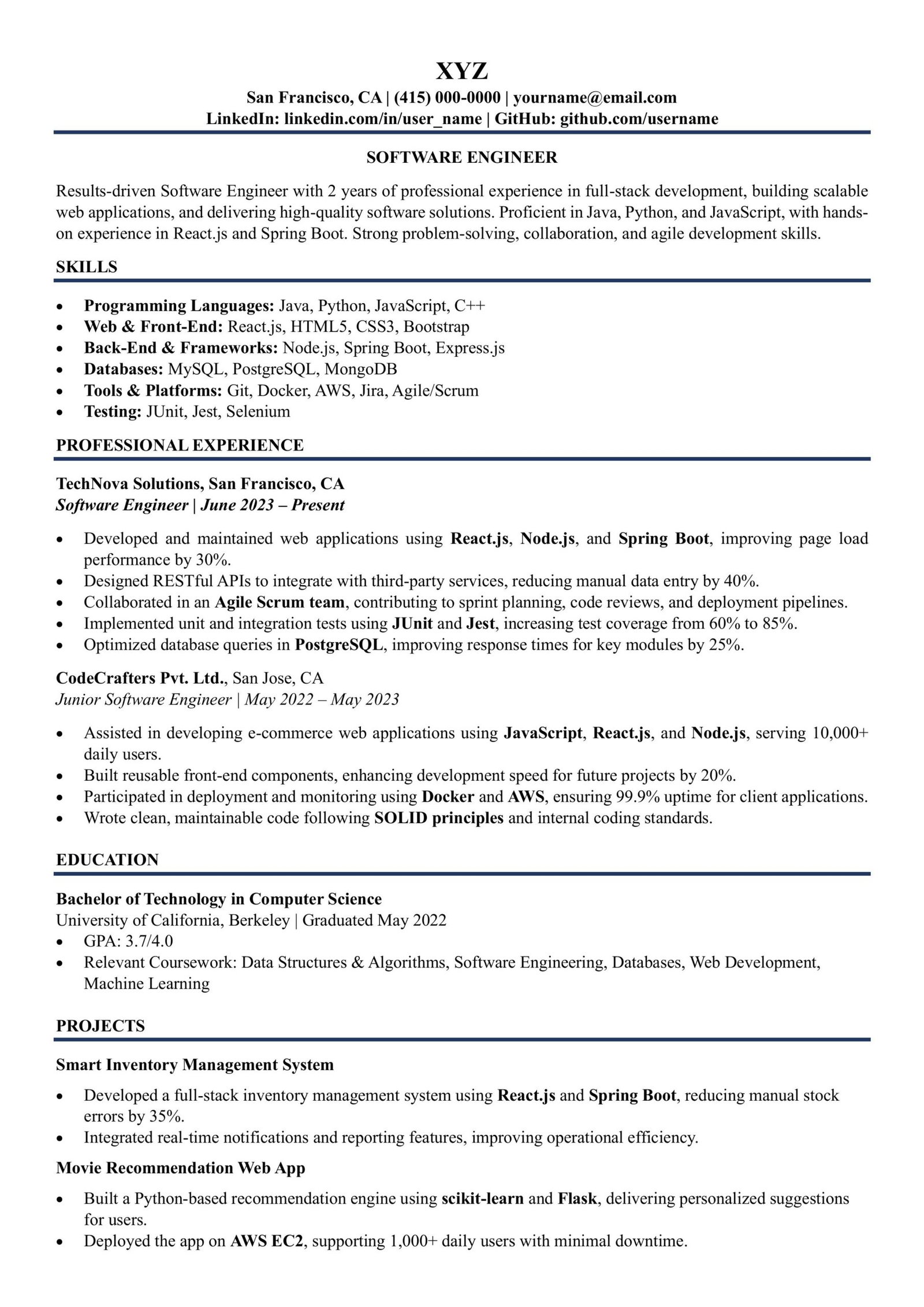 Professional Software Engineer Resume Sample