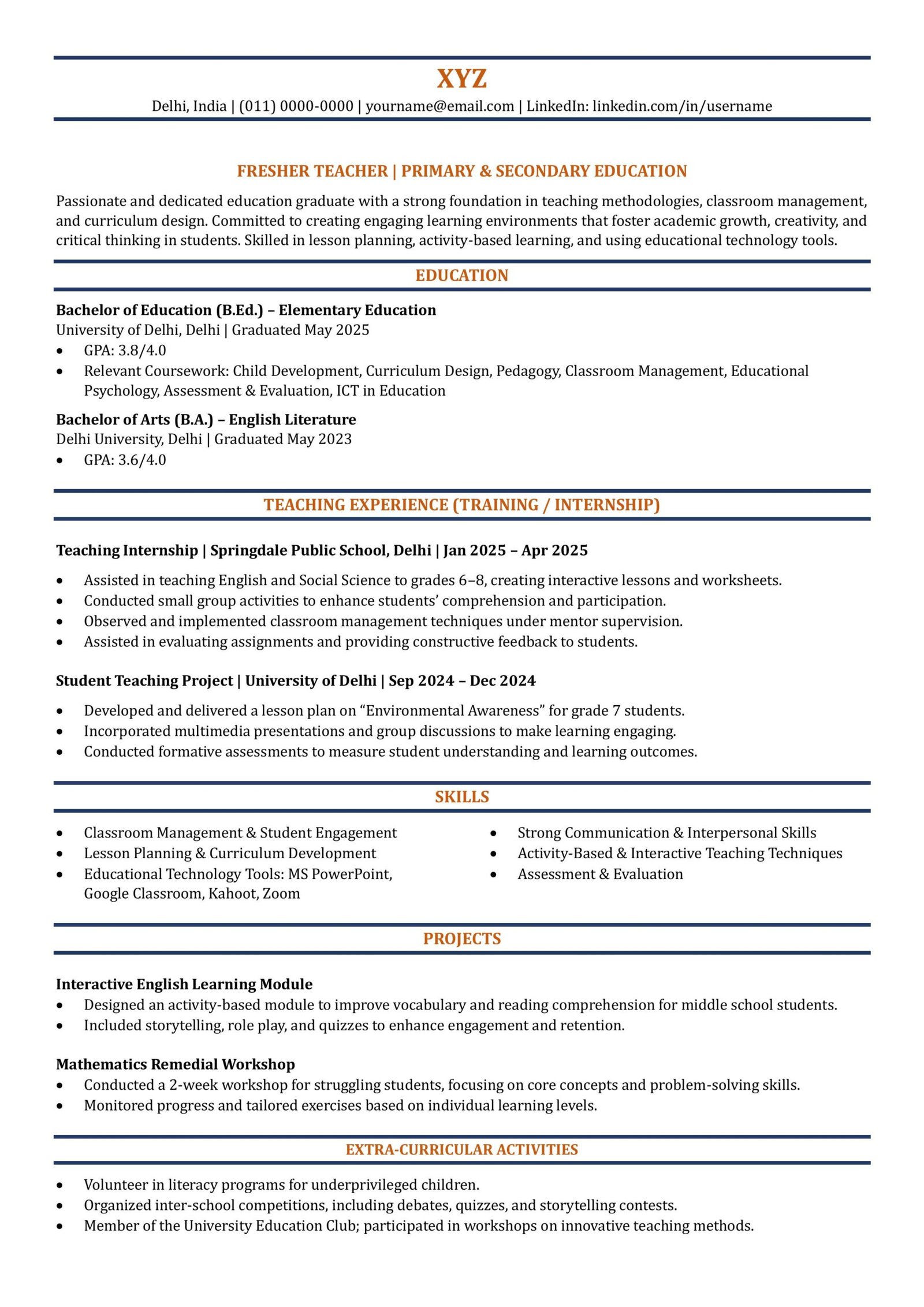 Fresher Teacher Resume