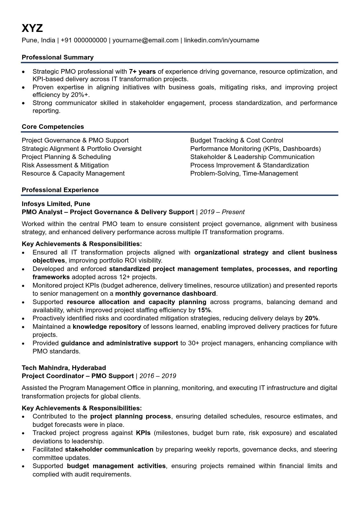 PMO Resume Sample