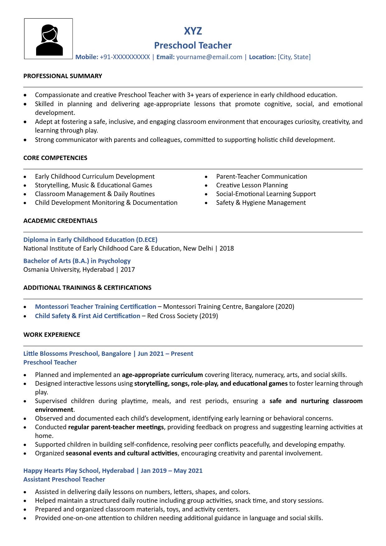 Preschool Teacher Resume