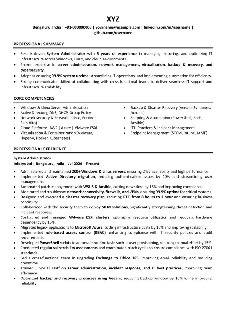 System Administrator Resume Sample