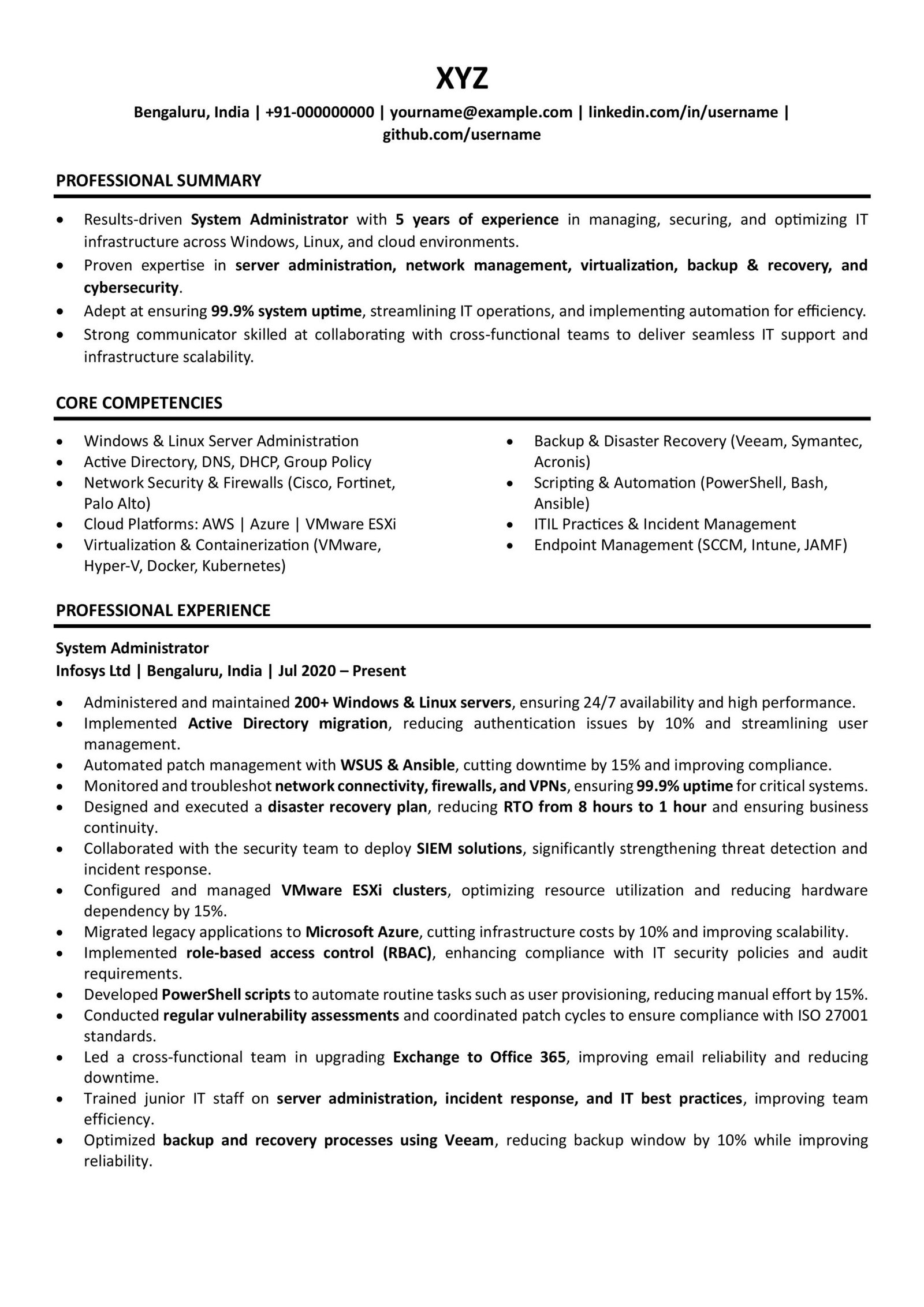 System Administrator Resume Sample