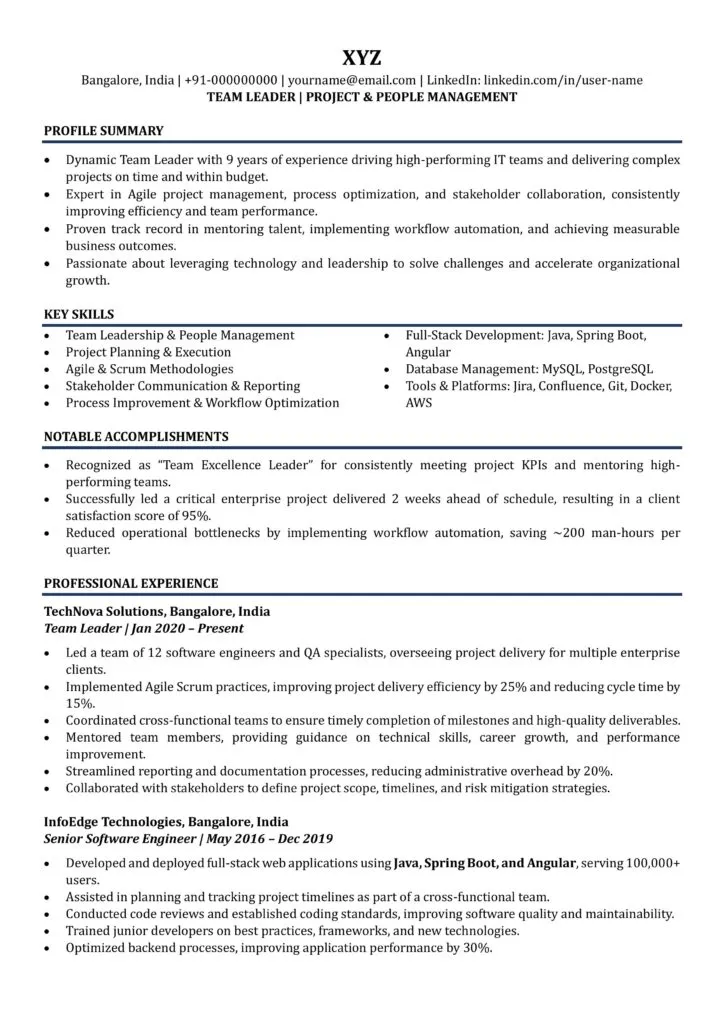 Team Leader Resume